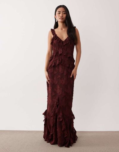Pretty Lavish Pretty Lavish devore frill detailing cami maxi dress in mahogany red-Brown