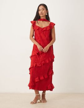 Pretty Lavish Pretty Lavish devore frill sleeves scarf detail ruffle maxi dress in red