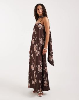 Pretty Lavish Pretty Lavish Elowen satin strapless a-line maxi dress with scarf in brown floral