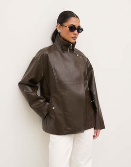 Pretty Lavish Pretty Lavish faux leather funnel neck bomber jacket in chocolate-Brown