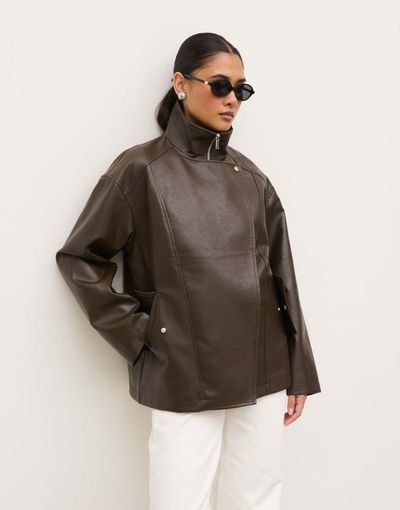 Pretty Lavish Pretty Lavish faux leather funnel neck bomber jacket in chocolate-Brown