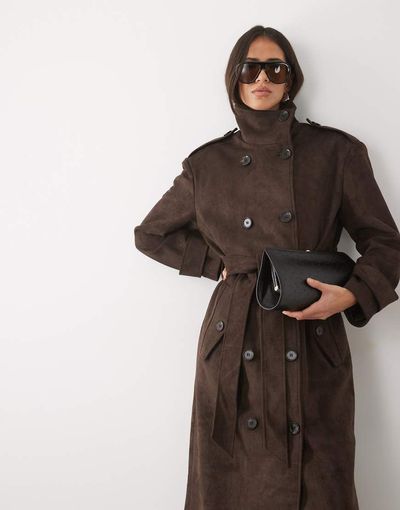 Pretty Lavish Faux Suede Funnel Neck Longline Trench Coat In Brown