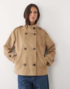 Pretty Lavish Pretty Lavish faux suede high neck cropped trench coat in beige-WHITE