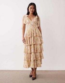 Pretty Lavish Pretty Lavish Fiore tie shoulder ruffle midaxi dress in ditsy floral-Yellow