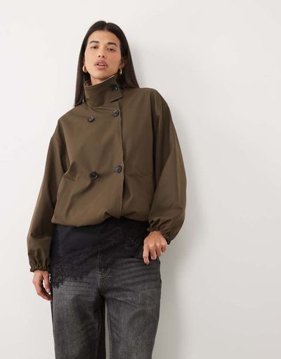 Pretty Lavish Pretty Lavish funnel neck drawcord hem reversible cropped trench coat in brown