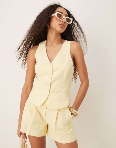 Pretty Lavish Pretty Lavish halterneck linen blend vest in lemon - part of a set-Yellow