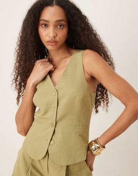 Pretty Lavish Pretty Lavish halterneck linen blend vest in olive - part of a set-Green