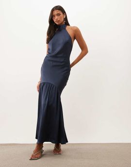 Pretty Lavish Pretty Lavish high neck bias cut backless satin midaxi dress in navy-Multi