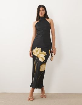 Pretty Lavish Pretty Lavish Kiara satin halter neck open back maxi dress in black and gold poppy floral-Multi