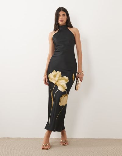 Pretty Lavish Pretty Lavish Kiara satin halter neck open back maxi dress in black and gold poppy floral-Multi