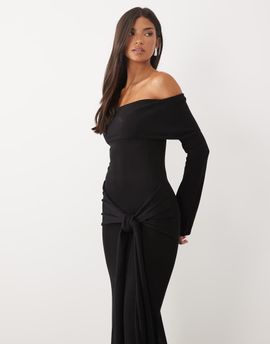 Pretty Lavish Pretty Lavish knit bardot tie detail maxi dress in black