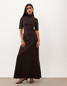 Pretty Lavish Pretty Lavish knit high neck short sleeve maxi dress in chocolate-Brown