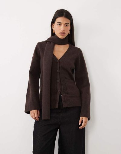 Pretty Lavish Pretty Lavish knit scarf detail cardigan in chocolate-Brown