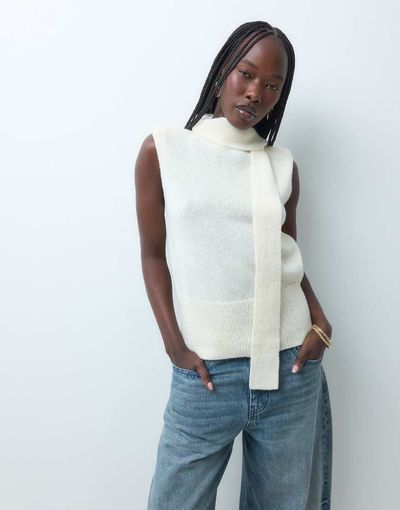 Pretty Lavish Pretty Lavish knit sleeveless high neck scarf top in cream-White