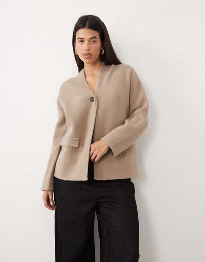 Pretty Lavish Pretty Lavish knit wrap pocket detailing cardigan in taupe-Brown
