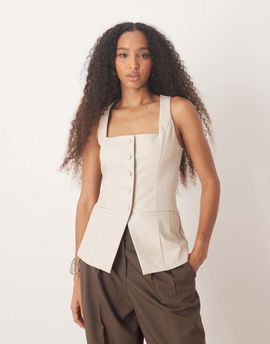 Pretty Lavish Pretty Lavish leather look longline vest in stone-Neutral