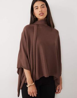 Pretty Lavish Pretty Lavish light knit scarf cape sweater in chocolate-Brown