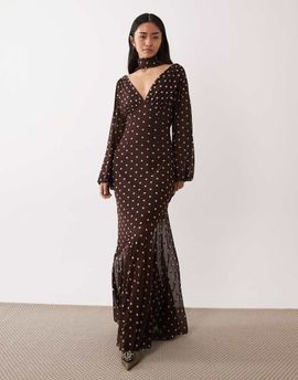 Pretty Lavish Pretty Lavish mesh scarf detail maxi dress in brown polka dot