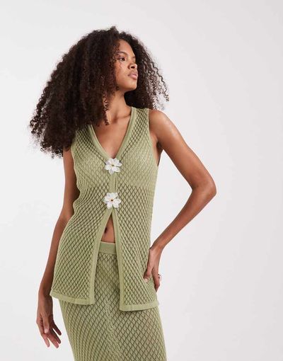 Pretty Lavish Pretty Lavish pointelle longline vest with floral brooches in green - part of a set