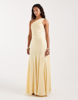 Pretty Lavish Pretty Lavish Porto matte satin one shoulder scarf neck maxi dress in lemon-Yellow