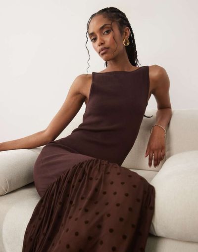 Pretty Lavish Pretty Lavish Rebecca knit slash neck sheer drop hem maxi dress in chocolate polka dots-Brown