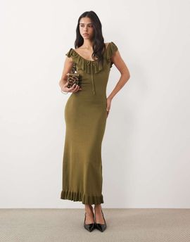 Pretty Lavish Pretty Lavish Sascha knit ruffle trim cami sweetheart neck maxi dress in olive green