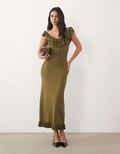 Pretty Lavish Pretty Lavish Sascha knit ruffle trim cami sweetheart neck maxi dress in olive green