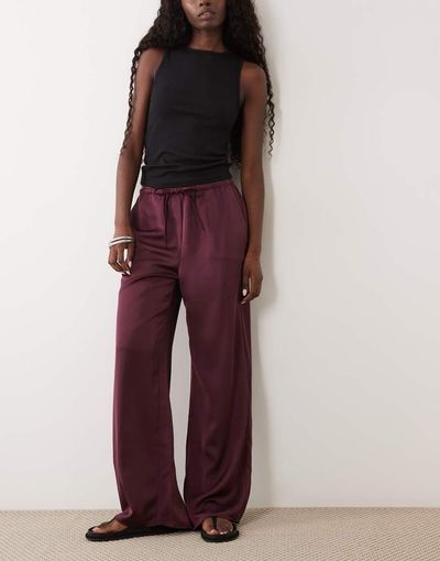 Pretty Lavish Pretty Lavish satin drawstring wide leg pants in fig-Brown