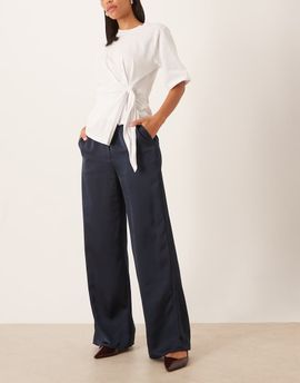 Pretty Lavish Pretty Lavish satin drawstring wide leg pants in navy