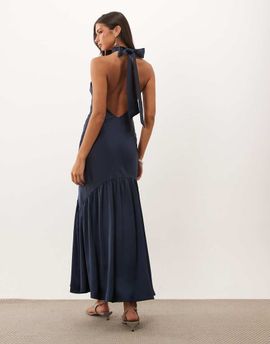 Pretty Lavish Pretty Lavish satin high halter neck bias backless maxi dress in navy-Multi