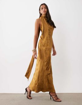 Pretty Lavish Pretty Lavish satin jacquard bias drape scarf detail maxi dress in gold floral