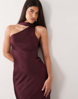 Pretty Lavish Pretty Lavish satin scarf detail asymmetric neckline bias maxi dress in burgundy-RED