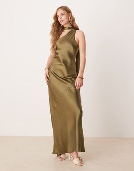 Pretty Lavish Pretty Lavish satin scarf neck maxi dress in deep olive-Green