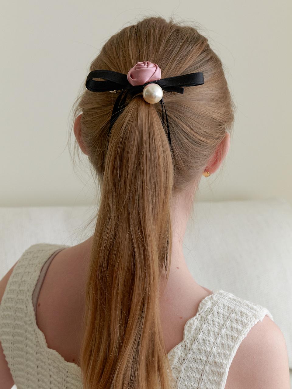 Primaute Rose Pearl Ribbon Hairpin [Pink]