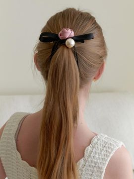 Primaute Rose Pearl Ribbon Hairpin [Pink]