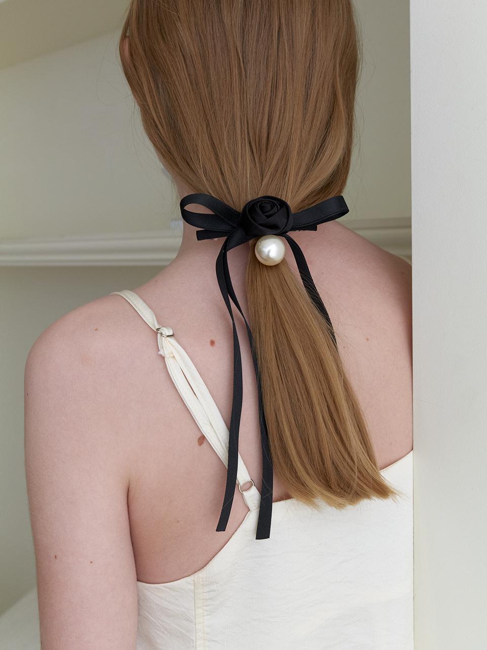 Primaute Rose Ribbon Pearl Hairpin [Black]
