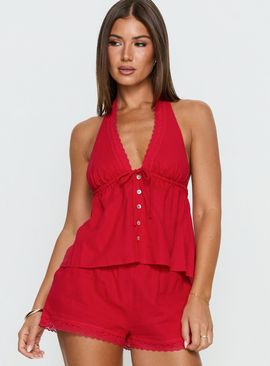Princess Polly Cloud Crush Linen Halter Top Red