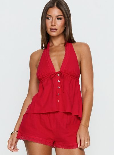Princess Polly Cloud Crush Linen Halter Top Red