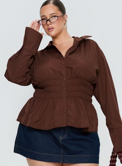 Princess Polly Curve As You Are Shirred Button Up Top Chocolate Curve