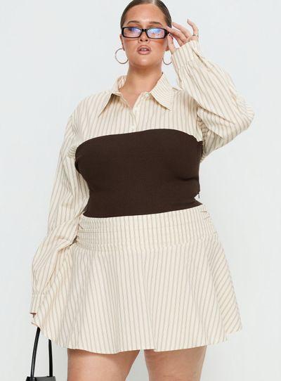 Princess Polly Curve Belva Long Sleeve Corset Shirt Mini Dress Brown Stripe Curve