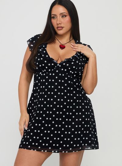 Princess Polly Curve I Guess So Mini Dress Black Polka Dot Curve