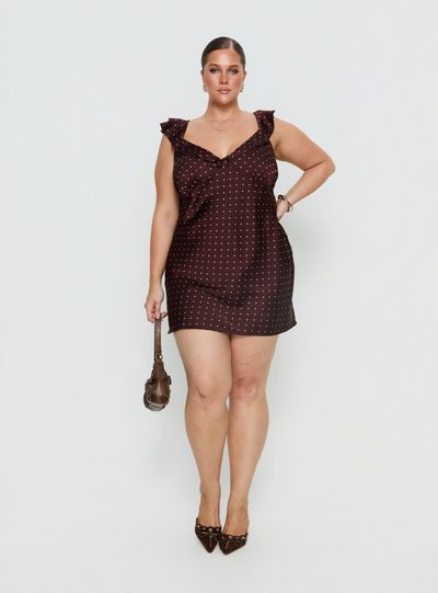 Princess Polly Curve Kamillah Frill Mini Dress Burgundy Polka Dot Curve