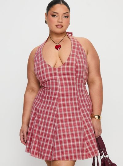 Princess Polly Curve Out Of Nowhere Halter Mini Dress Red Check Curve