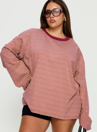 Princess Polly Curve Settle Down Long Sleeve Top Lemon / Burgundy Stripe Curve
