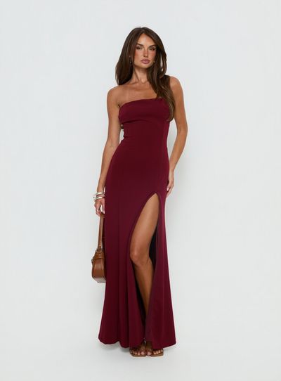 Princess Polly Diamanti Strapless High Slit Maxi Dress Burgundy