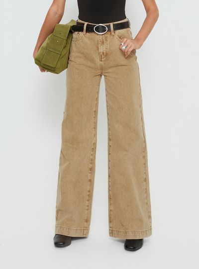Princess Polly Goldie High Rise Wide Leg Jeans Tan