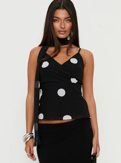 Princess Polly Jenae Scarf Detail Cami Top Black / White Polka