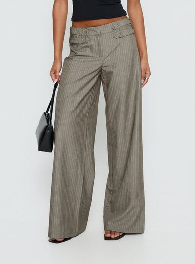 Princess Polly Jette Tailored Buckle Pant Taupe Pinstripe