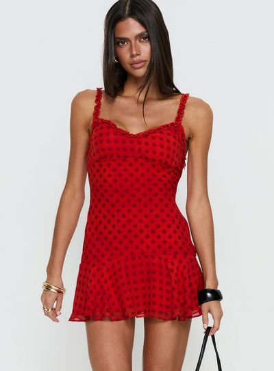 Princess Polly Kahla Frill Playsuit Red Polka Dot
