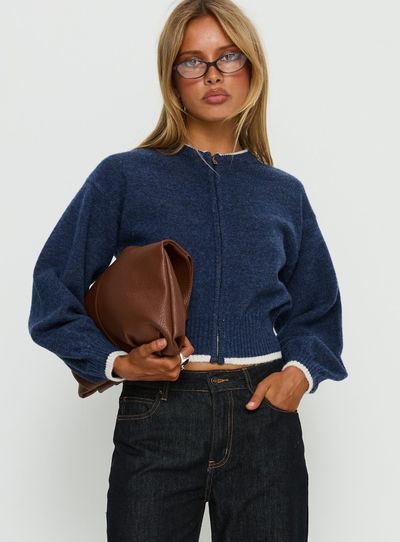 Princess Polly Lower Impact Amandi Zip Through Knit Jumper Navy / Cream